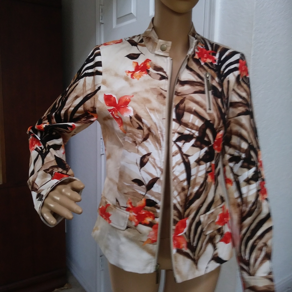 Chicos 0 / S Moto Jacket Floral Print Zip Front